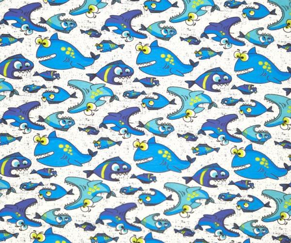 60 cm Reststück Baumwoll Jersey gefräßige Fische in Blau auf Weiß